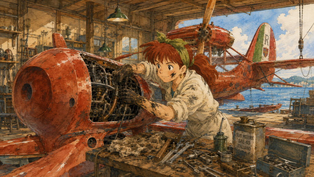 油まみれで飛行艇をメンテナンスしているフィオ