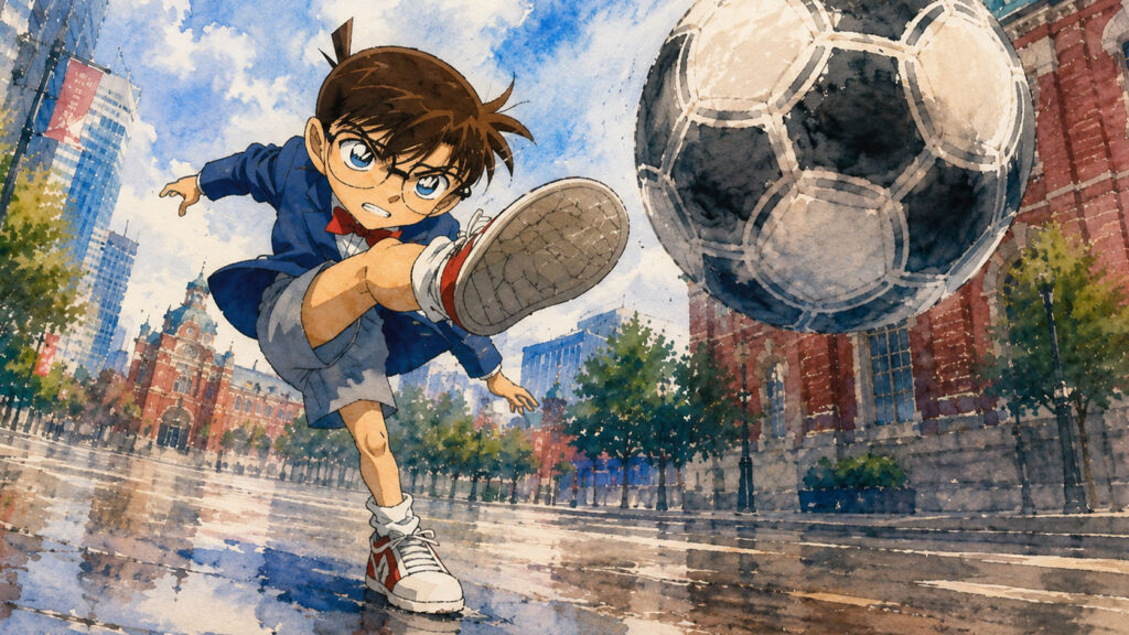 犯人に向かってサッカーボールを蹴るコナン