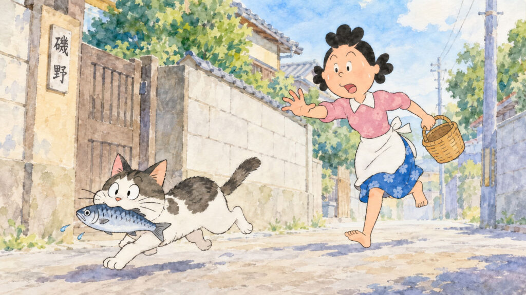 魚をくわえたドラネコを裸足で追いかけるサザエさん