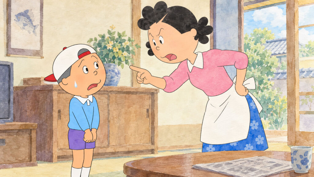 サザエさんに叱られているカツオ