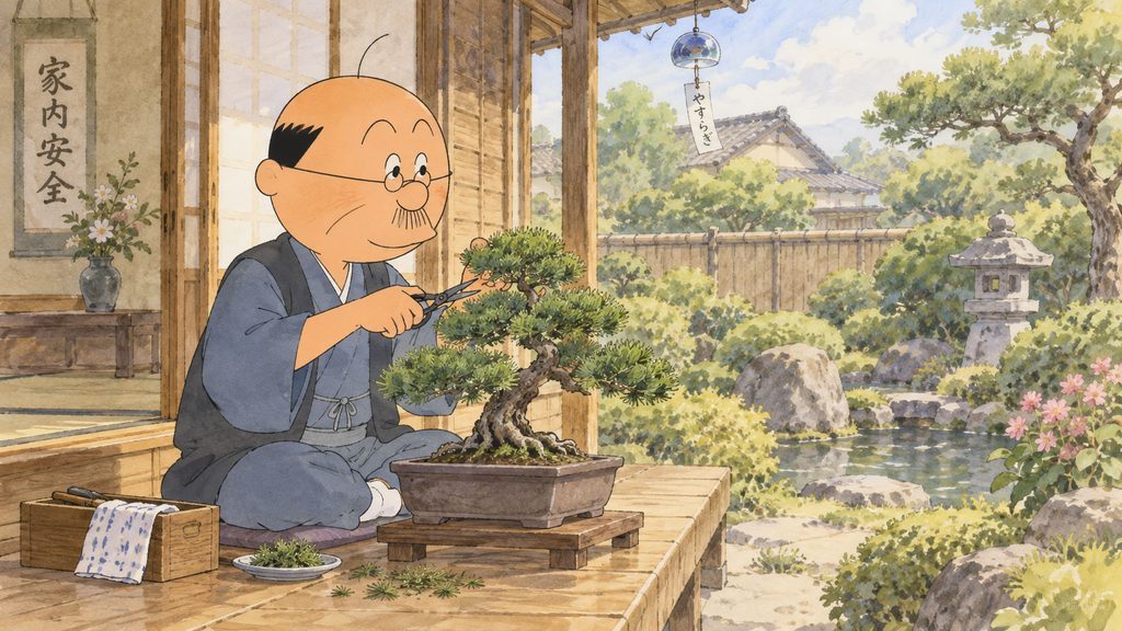 縁側で盆栽を楽しむ波平